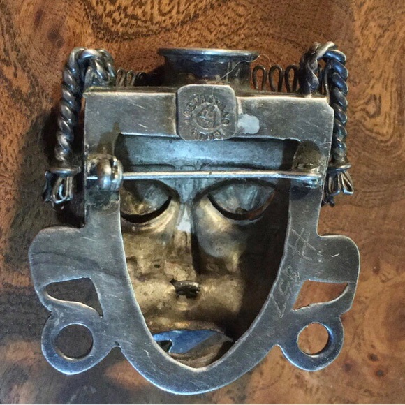 Los Castillo Articulated Sterling Silver Aztec Mask Brooch Mid Century Taxco - Picture 8 of 12